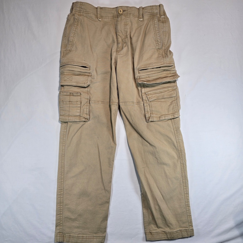 Hollister Mens Loose Fit Cargo Pants Khaki Tan Multi Pocket Utility 33x32